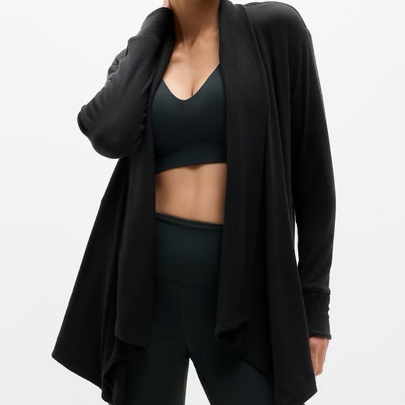 Athleta Women M Pranayama Restore Wrap Cardigan Black Rib Knit Athleisure Pocket - Picture 3 of 13